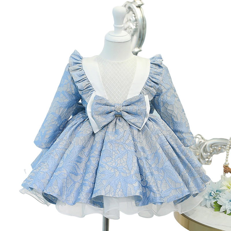 Baby Girl Princess Dress Girl Blue Long Sleeve Bow Knot Fluffy Formal Dresses