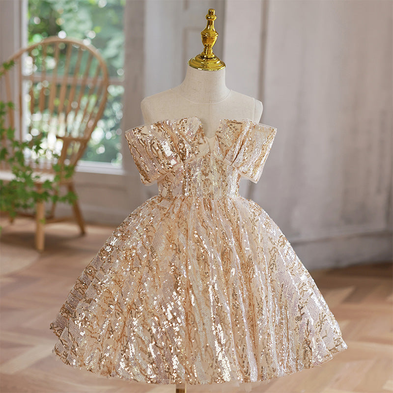 Girls Gold Sequin Puffy Birthday Princess Dress