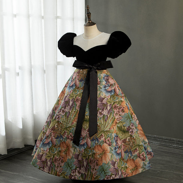 Baby Girl Dress Flower Girl Princess Communion Vintage Print Puff Sleeve Birthday Party Dress