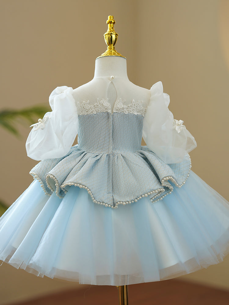 Baby Girl First Communion Dress Girl Princess  Puff Sleeves Beaded Fluffy Birthday Party Dress