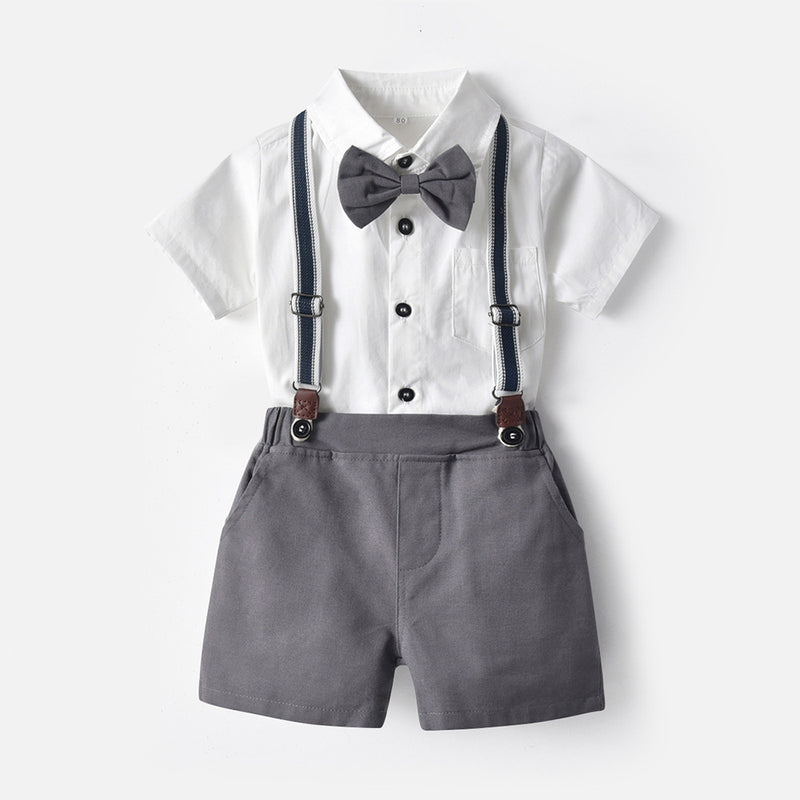 Baby Boys Short Sleeve Bow Shirt Bib Shorts Two Piece Set