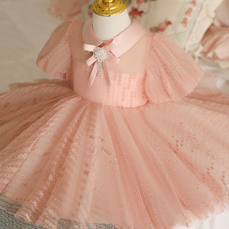 Baby Girl Summer Pink Puff Sleeves Bead Flower Princess Dress