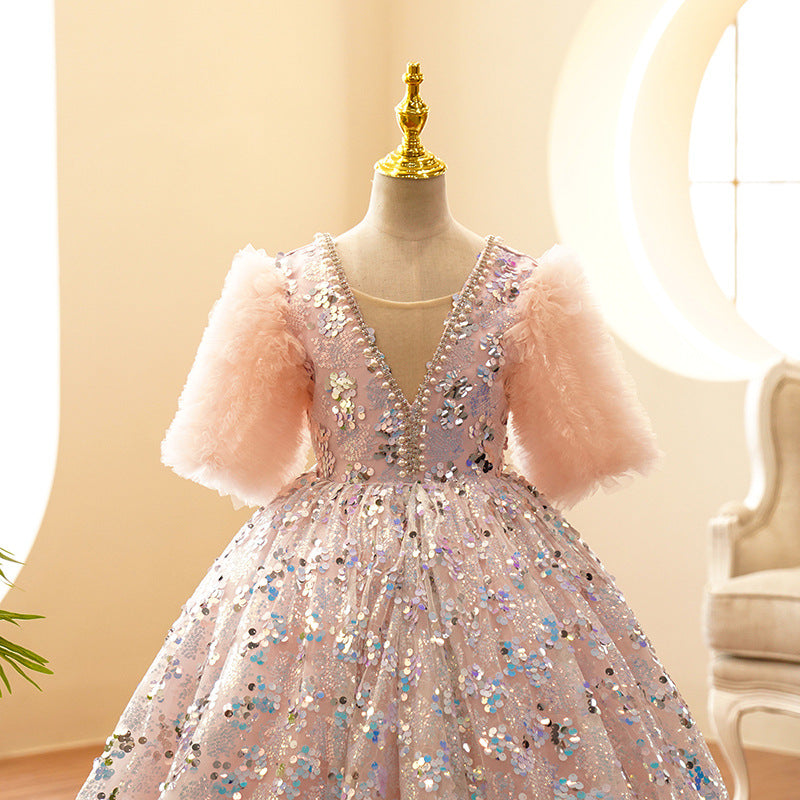 Toddler First Communion Dress Girls Plush Sleeves Pink Sequin Fluffy Princess Dress