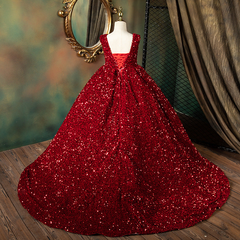 Girl Christmas Dress Luxury Red Sleeveless Trailing Sequins Fluffy Princess Communion Dress