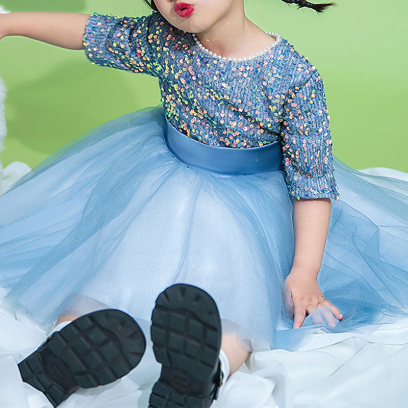 Baby Girl Dress Toddler Prom Summer Blue Sequins Party Princess Dress