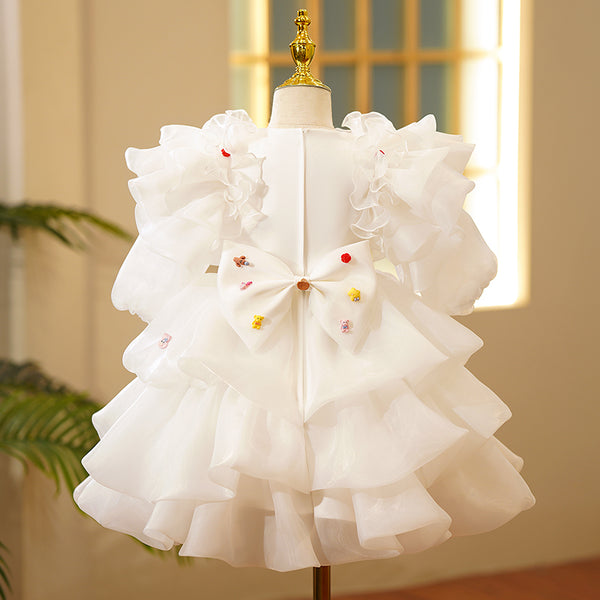 Toddler Ball Gowns Girl Birthday Party Flower Puff Sleeves Cute White Fluffy Princess Dress