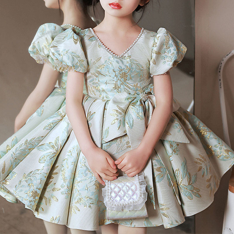 Toddler Ball Gowns Girl Vintage Printing Bow-Knot Party Princess Dress