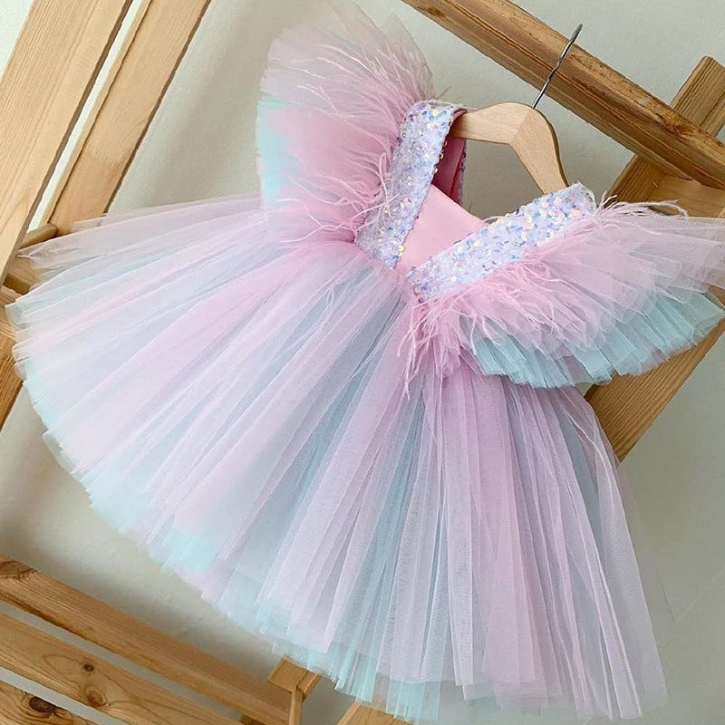 Baby Girl Pageant Princess Dress Toddler Gorgeous Lace Sleeveless Rainbow Dress Little Girl Party Dresses