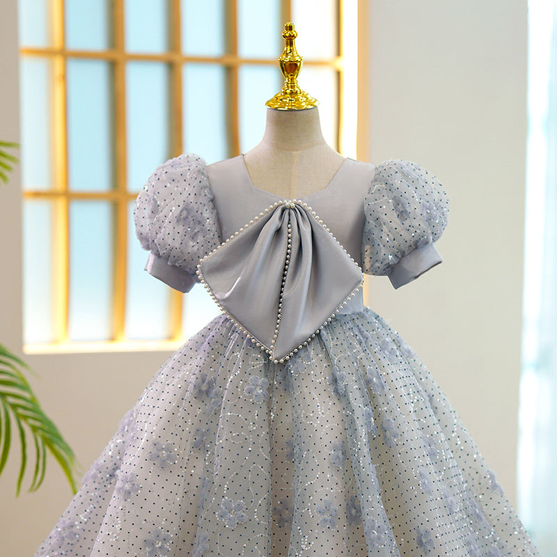 Toddler Prom Dress Girl Luxury Puff Sleeves Grey Bow Puffy Birthday Princess Dress