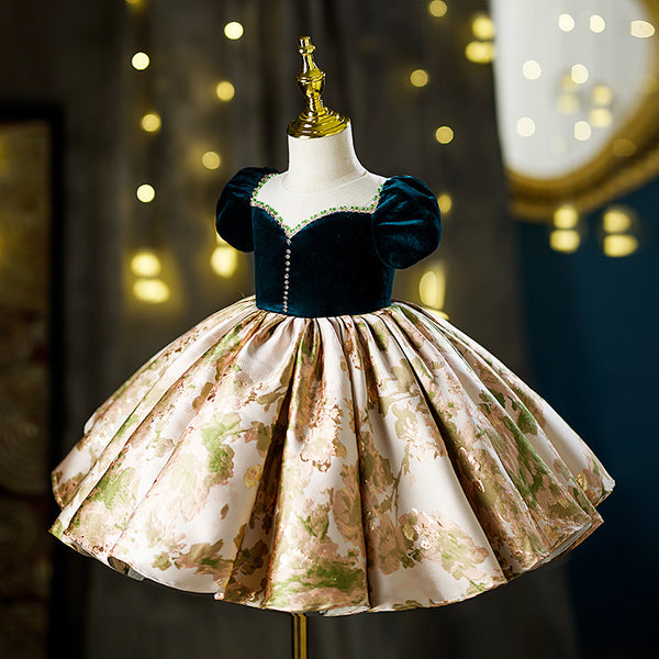 Baby Girl Birthday Party Dress Summer Vintage Print Palace Princess Dress