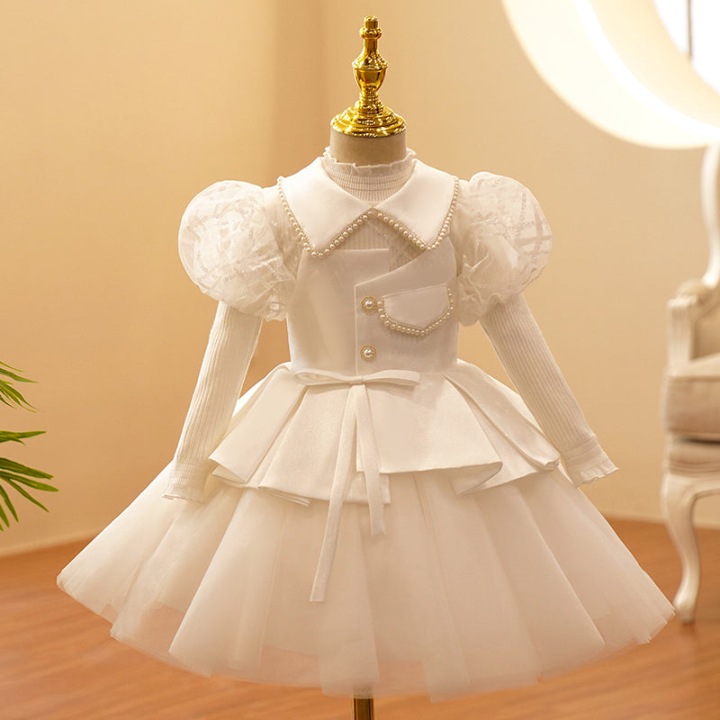Baby Girl Formal Princess Dress Girl Puff Sleeve Beaded Square Neck Puffy Prom Dress