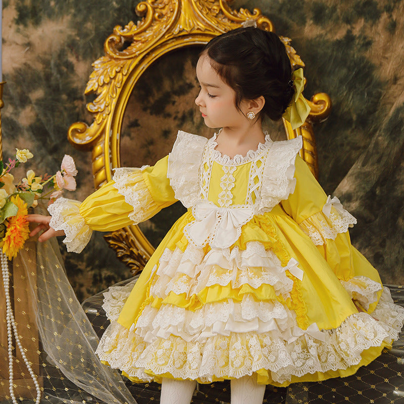 Baby Girl Princess Party Dress Yellow Lolita Lace Floral Girl Cake Dress