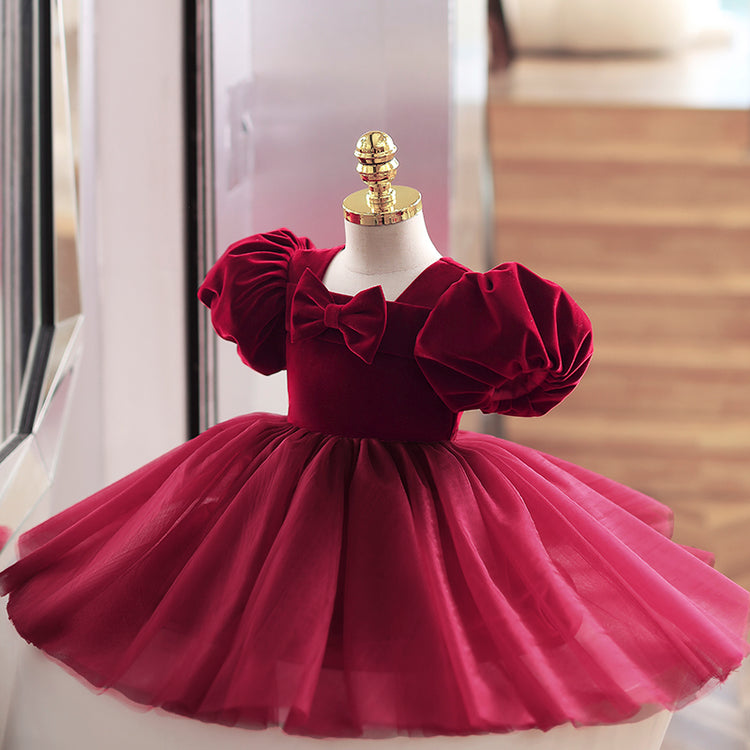 Girl Christmas Dress Baby Girl Flower Dress Girl Wine Red  Bow Cake Puffy Princess Dress