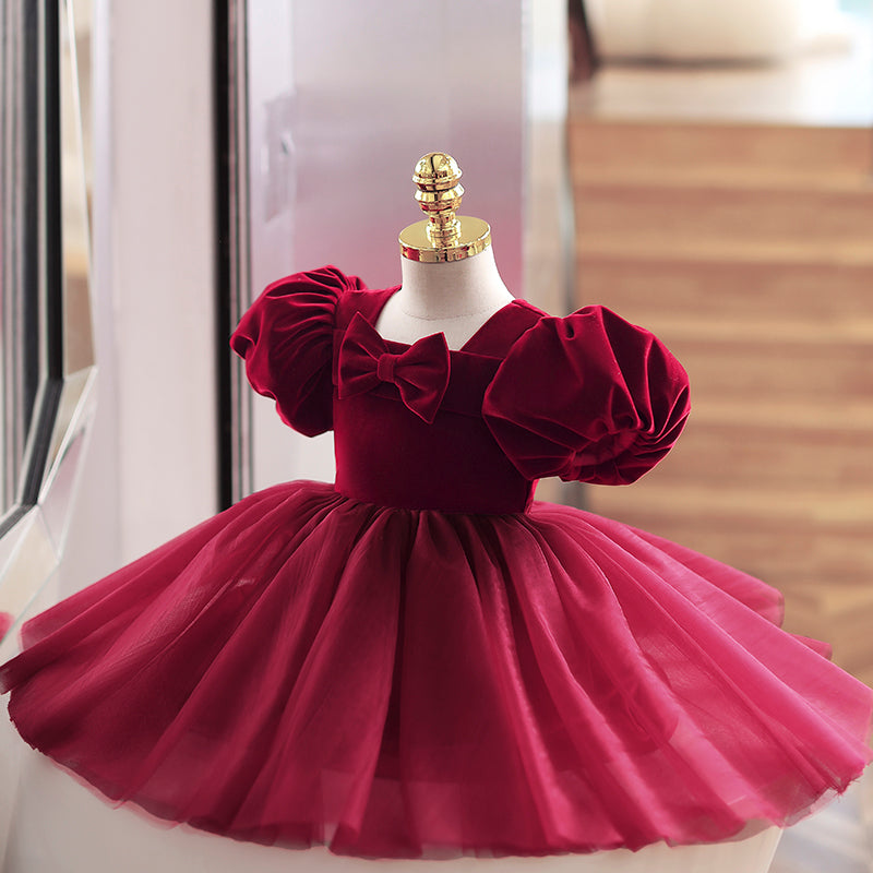 Baby Girl Flower Dress Girl Wine Red  Bow Cake Puffy Princess Dress