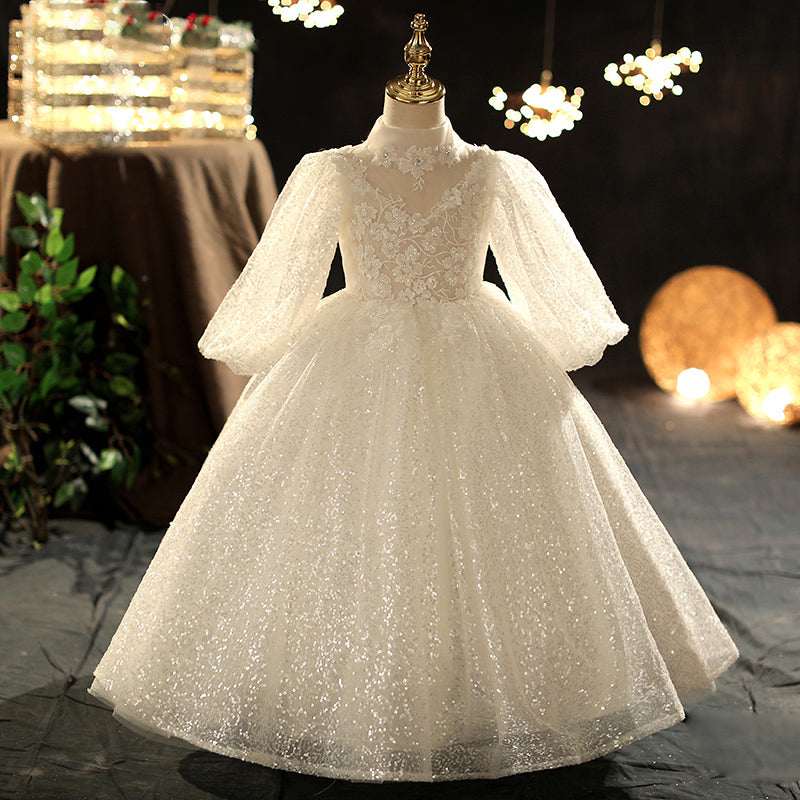 First Communion Dress Girl Long Sleeve Sequin Flower Girl Dress Pageant Princess Dress, White / 3-4 Years (110cm) First Communion Dress Girl Long Sleeve Sequin Flower Girl Dress Pageant Princess Dress, White / 3-4 Years (110cm)