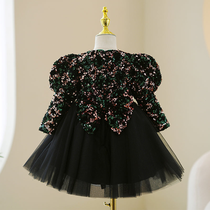 Elegant Girl Black Sequins Puffy Princess Dress