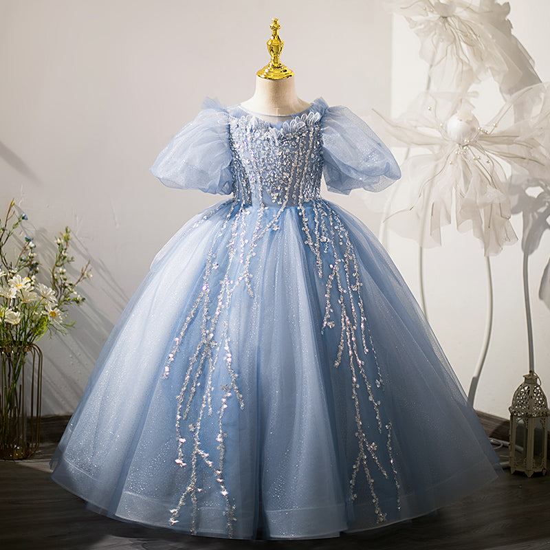 Girl Princess Dress Children Elegant Blue Sequins Trailing Birthday Party Communion Dress