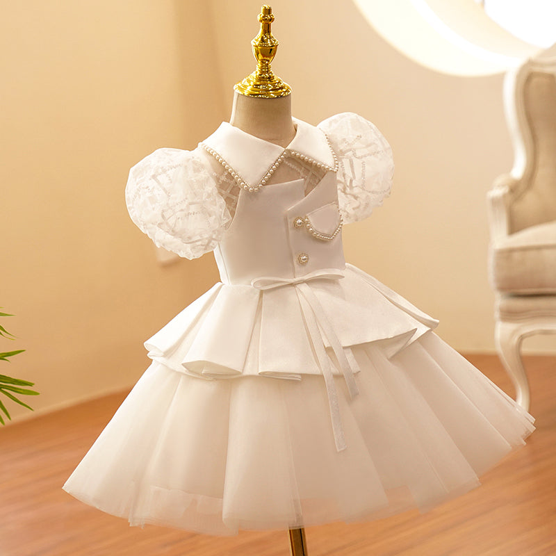 Baby Girl Formal Princess Dress Girl Puff Sleeve Beaded Square Neck Puffy Prom Dress