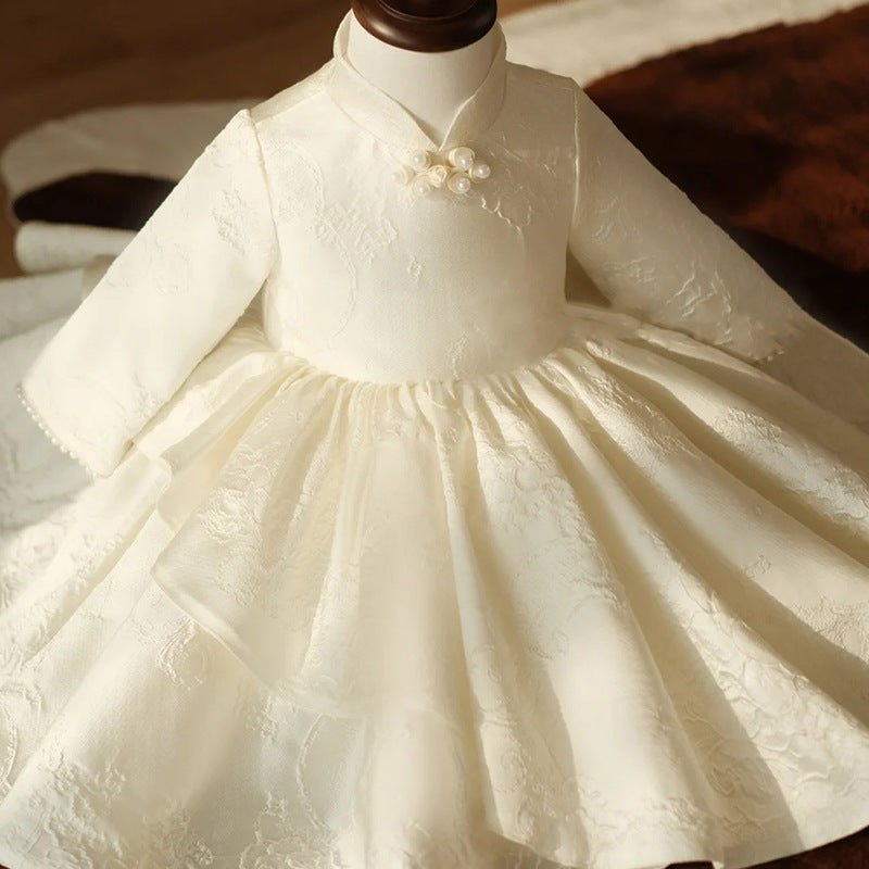 Flower Girl Dress Toddler Autumn Winter Vintage Long Sleeve White Christening Dress