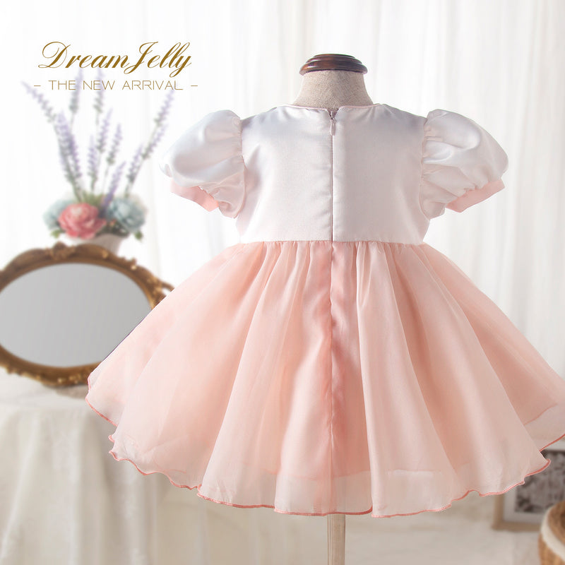 Baby Girl Dress Toddler Party Puff Sleeves Pink Bow Puffy Princess Dress