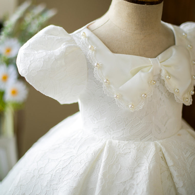 Toddler Ball Gowns Girl Summer White Lace Bow Puff Sleeves Sleeve Baptism Princess Dress