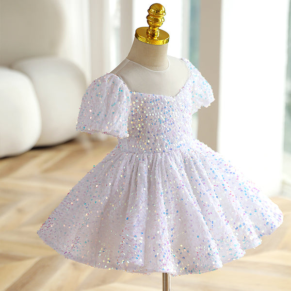 Flower Girl Dress Toddler Summer White Sequins Mesh Pageant Princess Party Dress