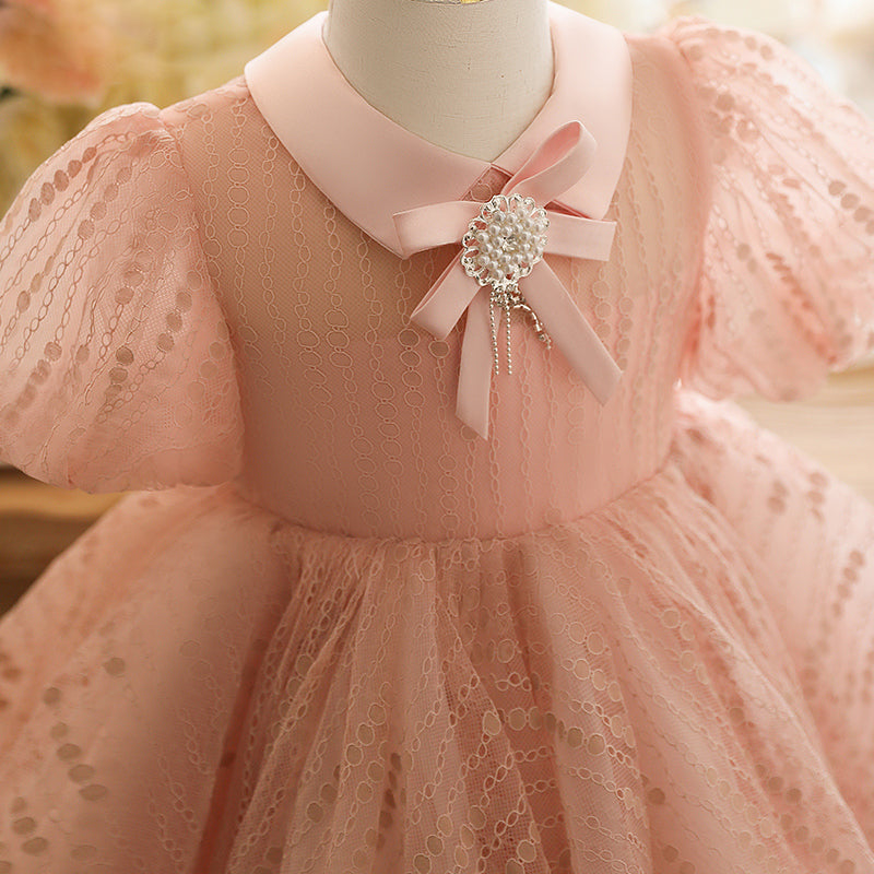 Baby Girl Summer Pink Puff Sleeves Bead Flower Princess Dress