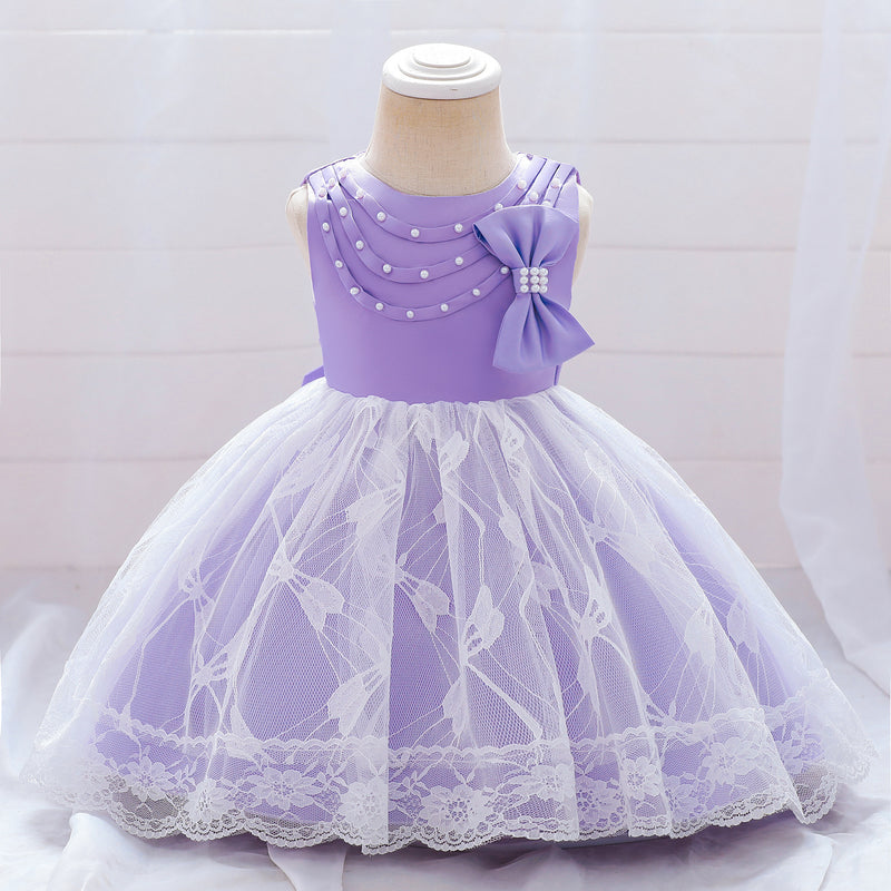 Baby Girl First Communion Dress Toddler Flower Beaded Bow Mesh Puffy Princess Dress