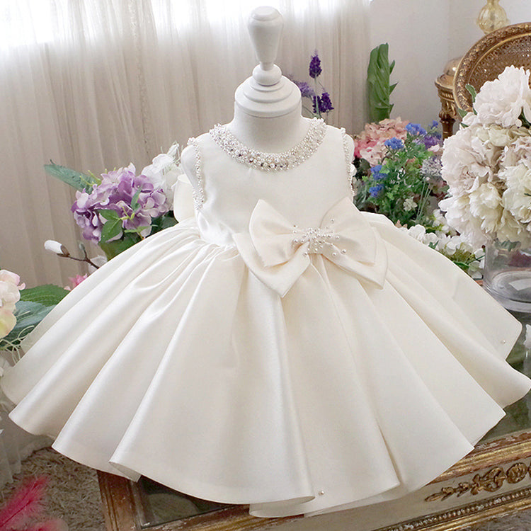 Flower Girl Dresses Baby Girl White Textured Beaded Round Neck Sleeveless Puffy Princess Dress