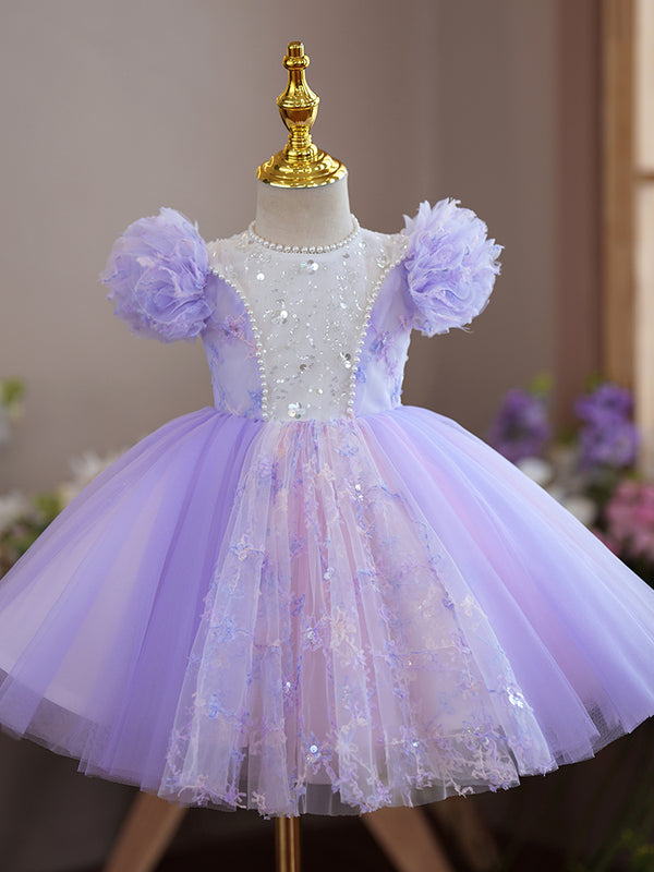 Toddler Prom Dress Girl Purple Puff Sleeves Birthday Party Dress