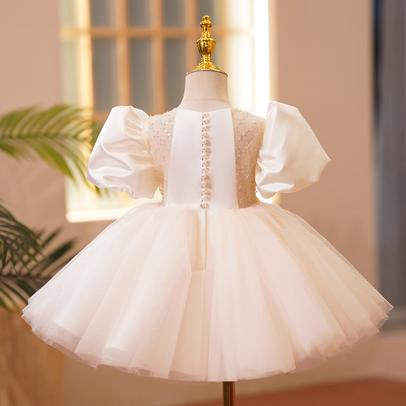 Toddler Ball Gowns Girl Puff Sleeves Bow Pageant Communion Formal Princess Dress