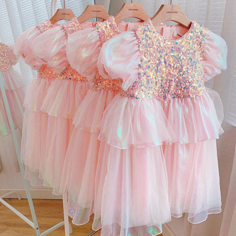 Baby Girl Dress Toddler Prom Cute Gradient Sequin Puff Sleeve Princess Dress