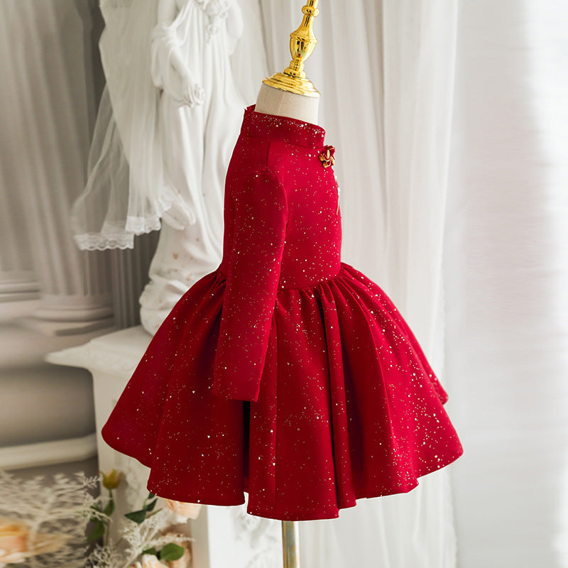 Girl Christmas Dress Baby Girl Princess Dress Winter Stand Collar Red Embroidered Dress Girl Birthday Party Dress