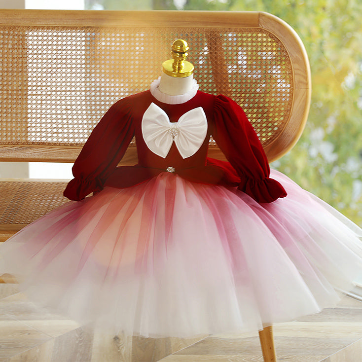 Girl Christmas Dress Toddler Ball Gowns Toddler Red Gradient Long Sleeve Big Bow Princess Dress