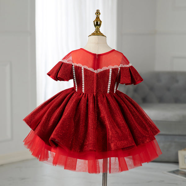 Toddler Girl Princess Dress Red Elegant Bead Mesh Puffy Birthday Party Dress