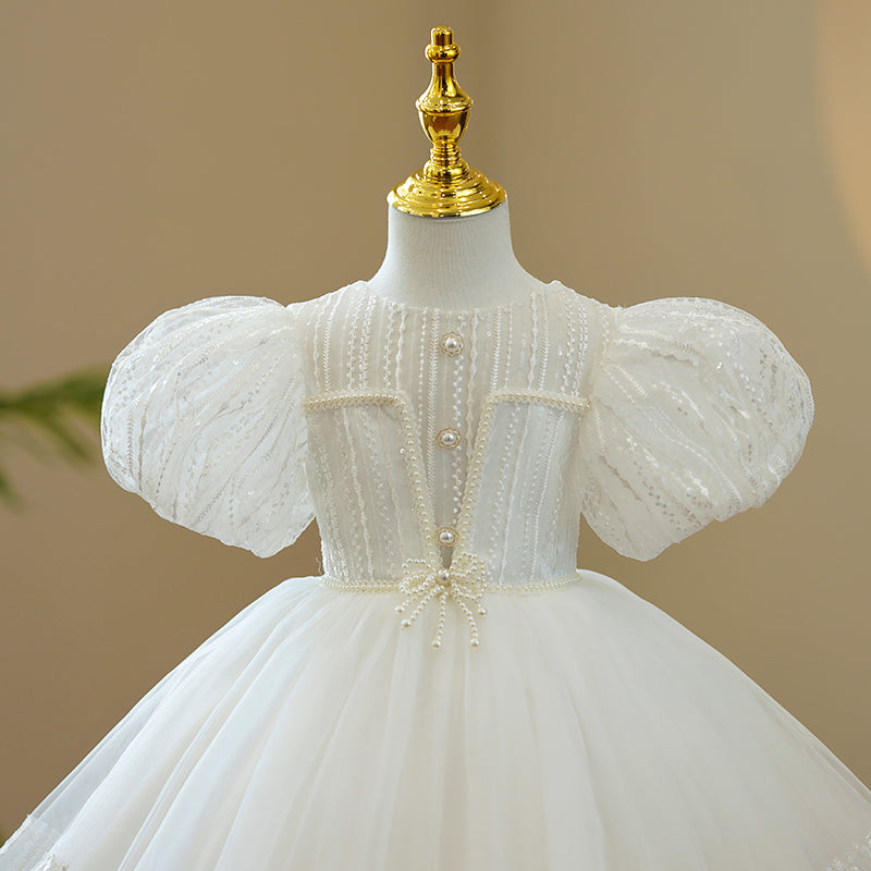 Baby Girl and Toddler White Puff Sleeve Beaded Puffy Christening Dress