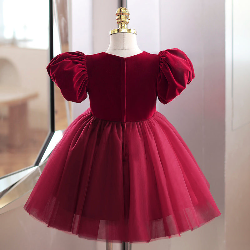 Girl Christmas Dress Baby Girl Flower Dress Girl Wine Red  Bow Cake Puffy Princess Dress