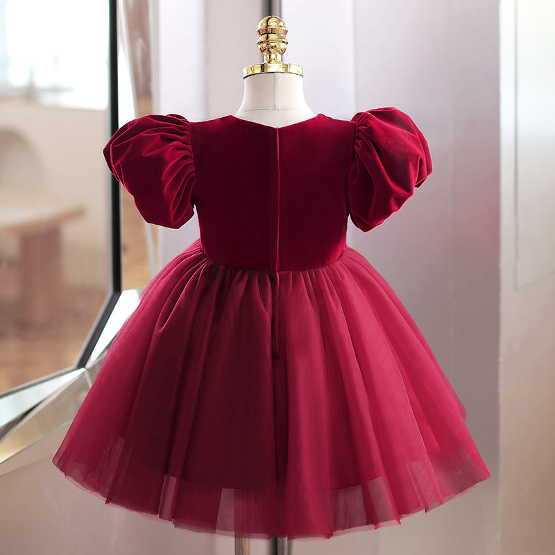 Baby Girl Flower Dress Girl Wine Red  Bow Cake Puffy Princess Dress