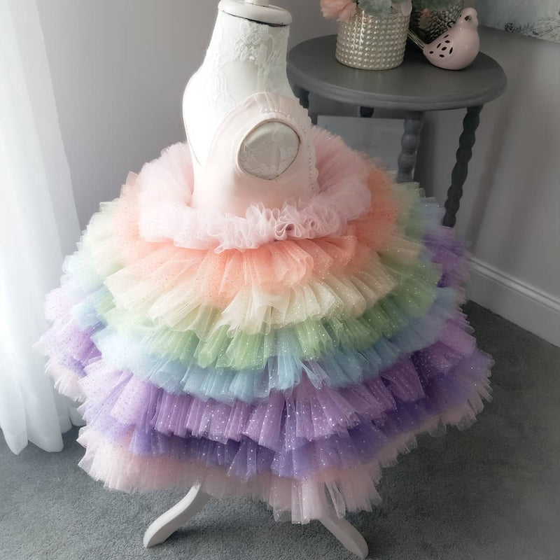 Girl Rainbow Dress Baby Girl Colorful Birthday Party Dress Toddler Formal Princess Dresses