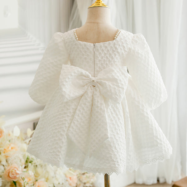 Baby Girl Baptism Dress Girl Princess White Bead Bow Party Cake Christening Dress