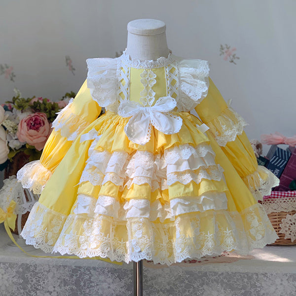 Baby Girl Princess Party Dress Yellow Lolita Lace Floral Girl Cake Dress