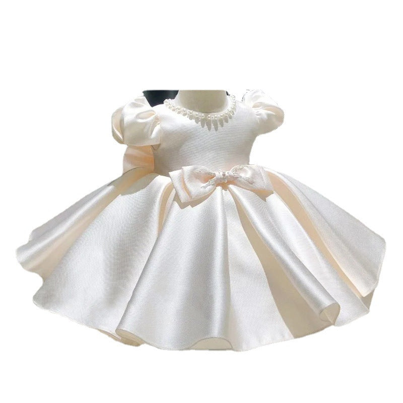 Baby Girl Princess Dresses Girl Bow Cake Puffy Sleeve Bead Collar Birthday Party Dresses Toddler Ball Gowns