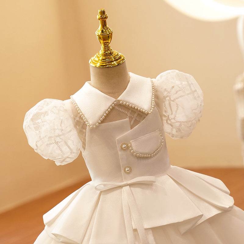 Baby Girl Formal Princess Dress Girl Puff Sleeve Beaded Square Neck Puffy Prom Dress