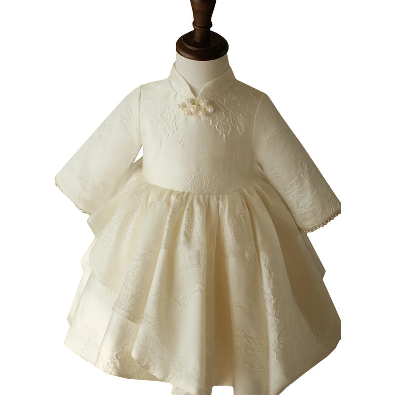 Flower Girl Dress Toddler Autumn Winter Vintage Long Sleeve White Christening Dress