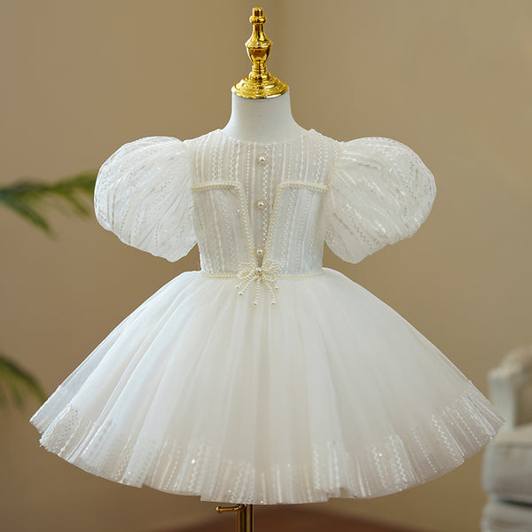 Baby Girl and Toddler White Puff Sleeve Beaded Puffy Christening Dress