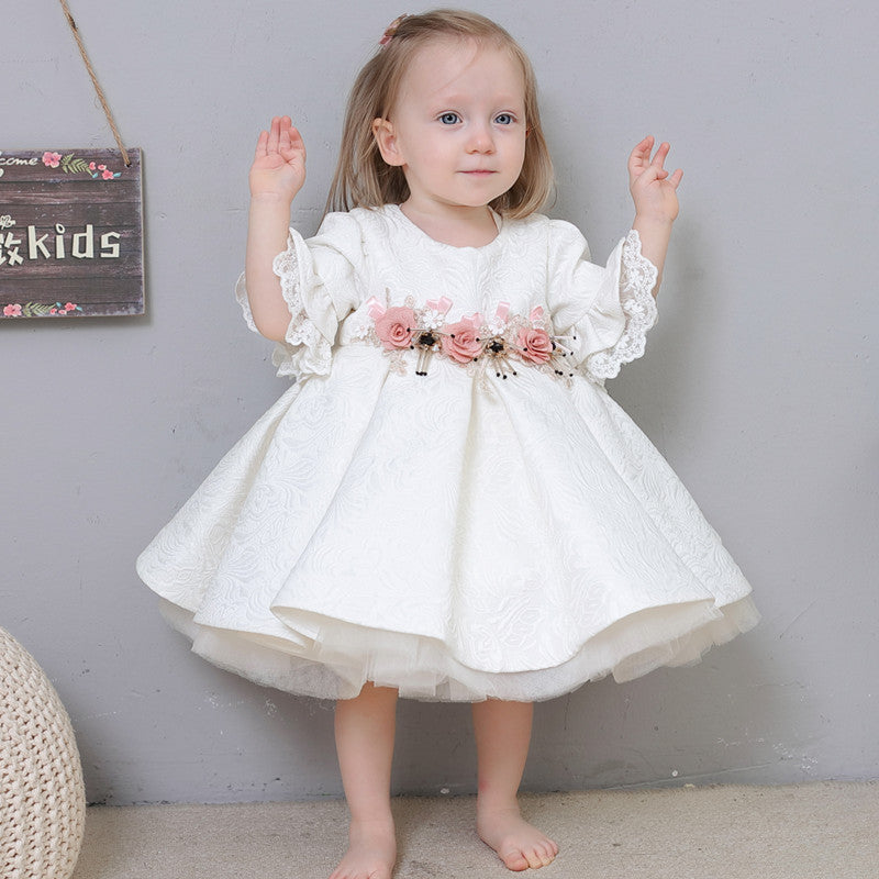 Flower Girl Dress Toddler Communion Formal White Bow Lace Baby Baptism Dress