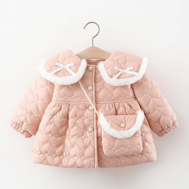 Girls Bow Collar Velvet Coat