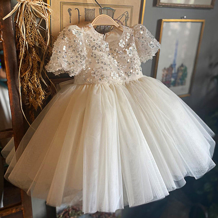 Flower Girl Dress Toddler Pageant Dress White Sequin Mesh Fluffy Princess Dress