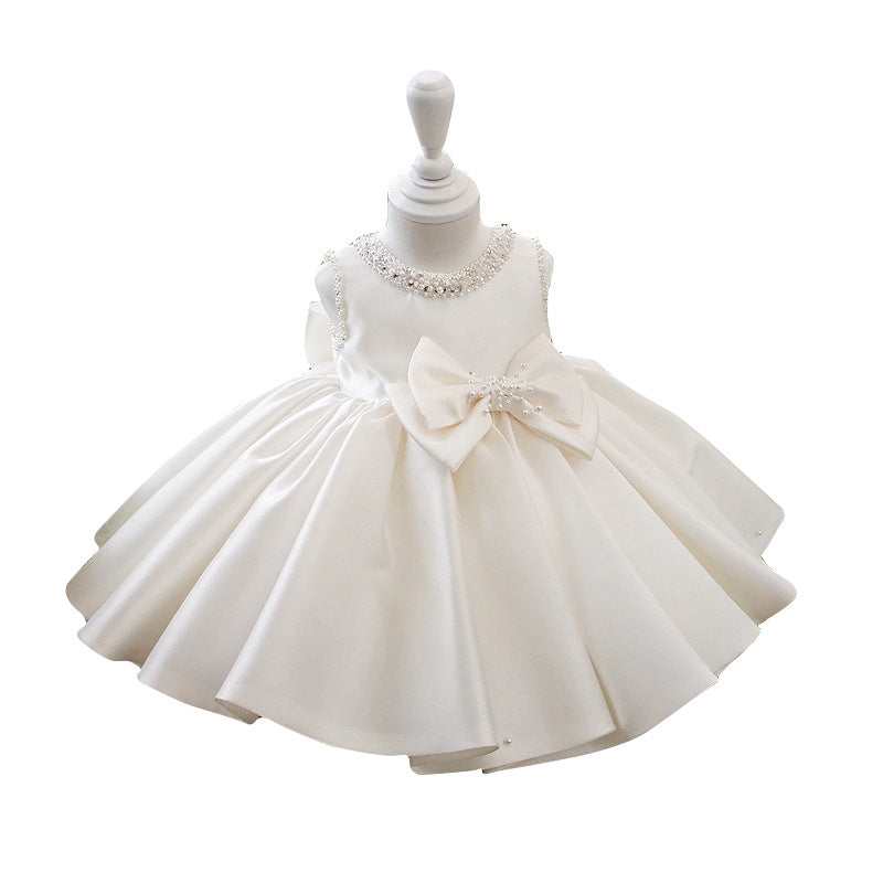 Flower Girl Dresses Baby Girl White Textured Beaded Round Neck Sleeveless Puffy Princess Dress