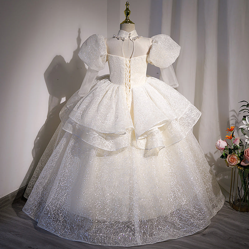 Toddler First Communion Dress Girl Party Dress Pageant White Sequin Puffy Princess Dress